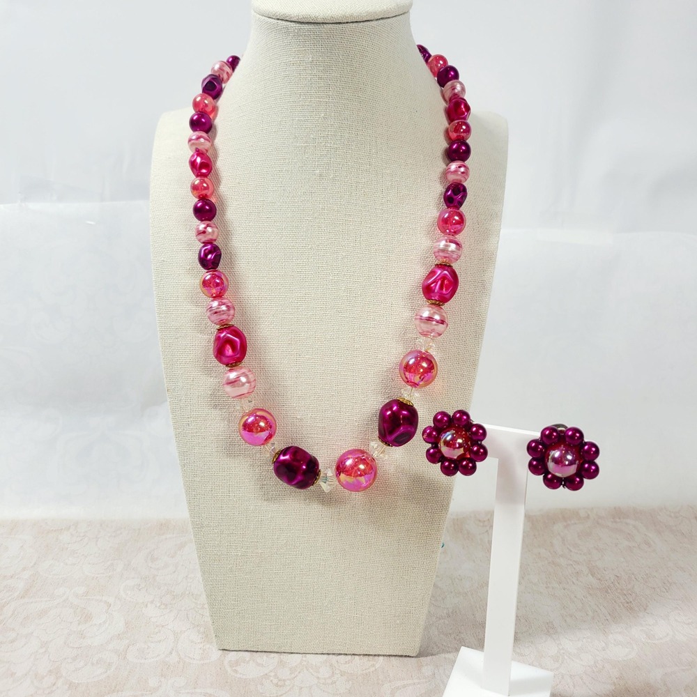 Vintage Magenta Pink Beaded Necklace Set Retro Aurora Borealis Cip Earrings